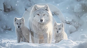 Very beautiful illustration of a polar wolf with cubs walking in a snowy environment.