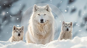 Very beautiful illustration of a polar wolf with cubs walking in a snowy environment.