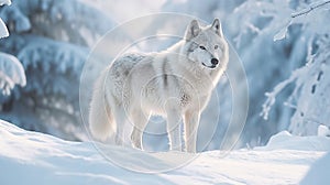Very beautiful illustration of a wild polar wolf walking in a snowy environment.