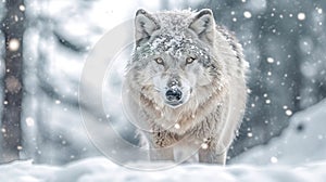 Very beautiful illustration of a wild polar wolf walking in a snowy environment.