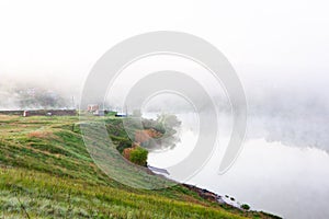 Very beautiful landscape with fog and green nature in the Republic of Moldova. Rural nature in Eastern Europe