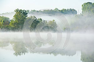 Very beautiful landscape with fog and green nature in the Republic of Moldova. Rural nature in Eastern Europe