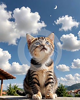 A very beautiful little kitten & x28;cat& x29; looks at the clear sky in contemplation - AI Generative