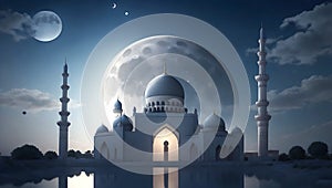 A very beautiful mosque and a big moon behind Ai Generated