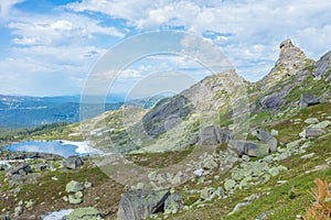 Very beautiful mountain landscape. A panoramic view from the mountain pass in Siberia photo