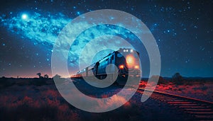 very beautiful night sky glow side train stars in, generative AI