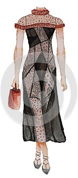 Very beautiful semi-transparent dress on the model`s dummy with a purse.