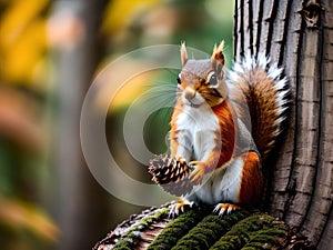A very beautiful squirrel and holds a pine cone in its paws