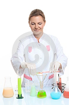 Very beautiful Woman chemist and chemicals in