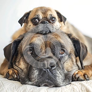 A very big and a very small dog together. Pug lies on the head of an English mastiff, cute pets
