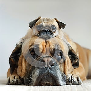 A very big and a very small dog together. Pug lies on the head of an English mastiff, cute pets