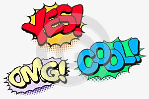 Very bright colorful comic speech bubbles with captions YES, OMG, COOL for your design