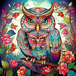 Very bright colorful owl staring angry