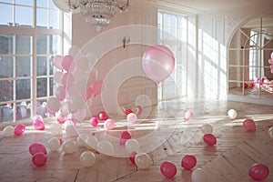 Very bright white room in a classic style. Lots of pink balloons, nobody.