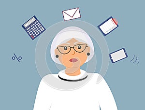 Very busy gorgeous elderly woman accountant with many different thoughts about work