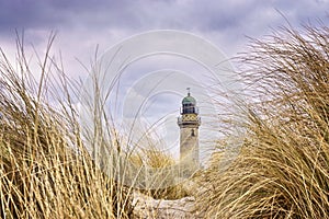 Very close to the dune grass with lighthouse in the background. WarnemÃÂ¼nde, Germany photo