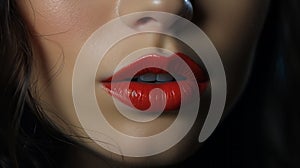 Very close-up of a Woman sensual mouth slightly open with white teeth and a red shiny and glossy lipstick with long dark hair