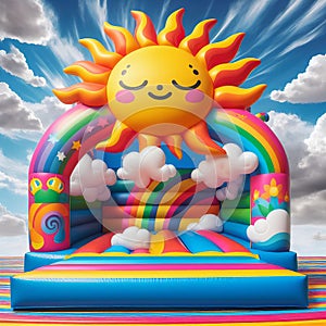 A very colorful outdoor bouncy castle,happy sun,perfect for holiday themed content holidays,vacation