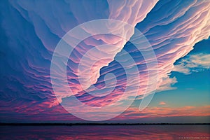 a very colorful sky with a large cloud formation above it and a lake below it with a boat in the water