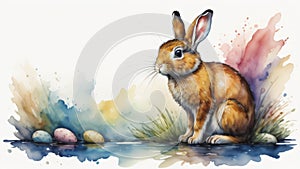A very colorful watercolor painting of an Easter Bunny