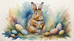 A very colorful watercolor painting of an Easter Bunny