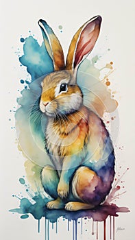 A very colorful watercolor painting of an Easter Bunny