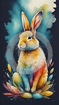 A very colorful watercolor painting of an Easter Bunny