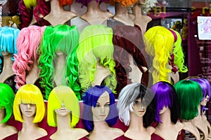 Very colourful wig styles on display