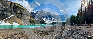 Very common panoramic view of Moraine Lake Alberta, Canada`