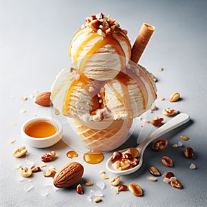 Very creamy ice cream in its edible glass, bathed in caramel and honey