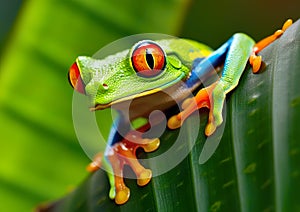 The very curious red-eyed tree frog is sitting on the green leaf and basking in the sunlight.