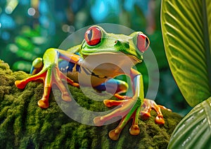 The very curious red-eyed tree frog is sitting on the green leaf and basking in the sunlight.