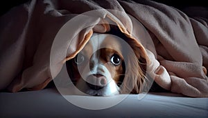 A very cute dog crawled under the covers and touchingly misses his owner. Generate Ai.