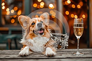 Very cute and fluffy dog sitting in front of glass of wine. Generative AI