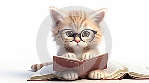 Very cute kitty with glasses reading book