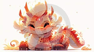 A very cute little dragon sitting on a white surface, happy Chinese New Year 2024, Dragon Year.