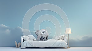 A very cute little elephant lies on a blue bed. Image of a cute, minimalist watercolor style. Generative ai