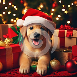 very cute little puppy wearing a santa hat