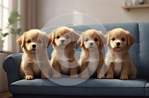 A very cute puppies sitting in a sofa, AI generated