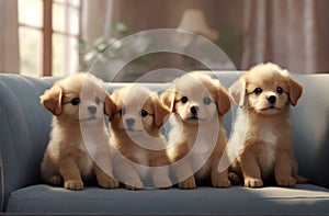 A very cute puppies sitting in a sofa, AI generated