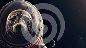 very cute seal astronaut in a spacesuit against the backdrop of the moon, for Cosmonautics Day, astronomy, banner