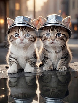 Very cute twin cats wearing hats