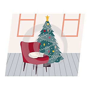 Very cute white cat sleeping in the chair. Behind him a decorated Christmas tree. Flat cartoon vector illustration