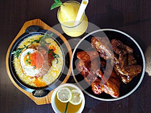 very delicious korean food and drink style  fried rice egg , cheese , chicken roast with sausage in hongkong restaurants