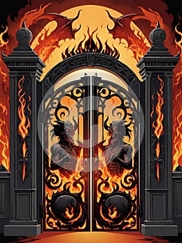 a very detailed illustration of a gothic style gate with a fire and a red gate