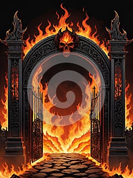 a very detailed illustration of a gothic style gate with a fire and a red gate