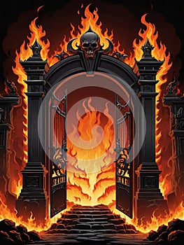 a very detailed illustration of a gothic style gate with a fire and a red gate