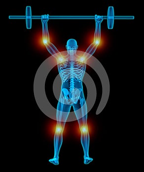Very detailed and medically accurate 3D Illustration of a translucent man lifting weights while having pain in his joints