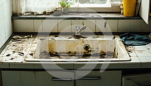 very dirty and disastrous kitchen sink