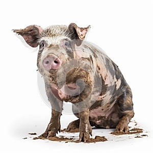 Very dirty pig piglet soiled in mud and dung, close-up isolated